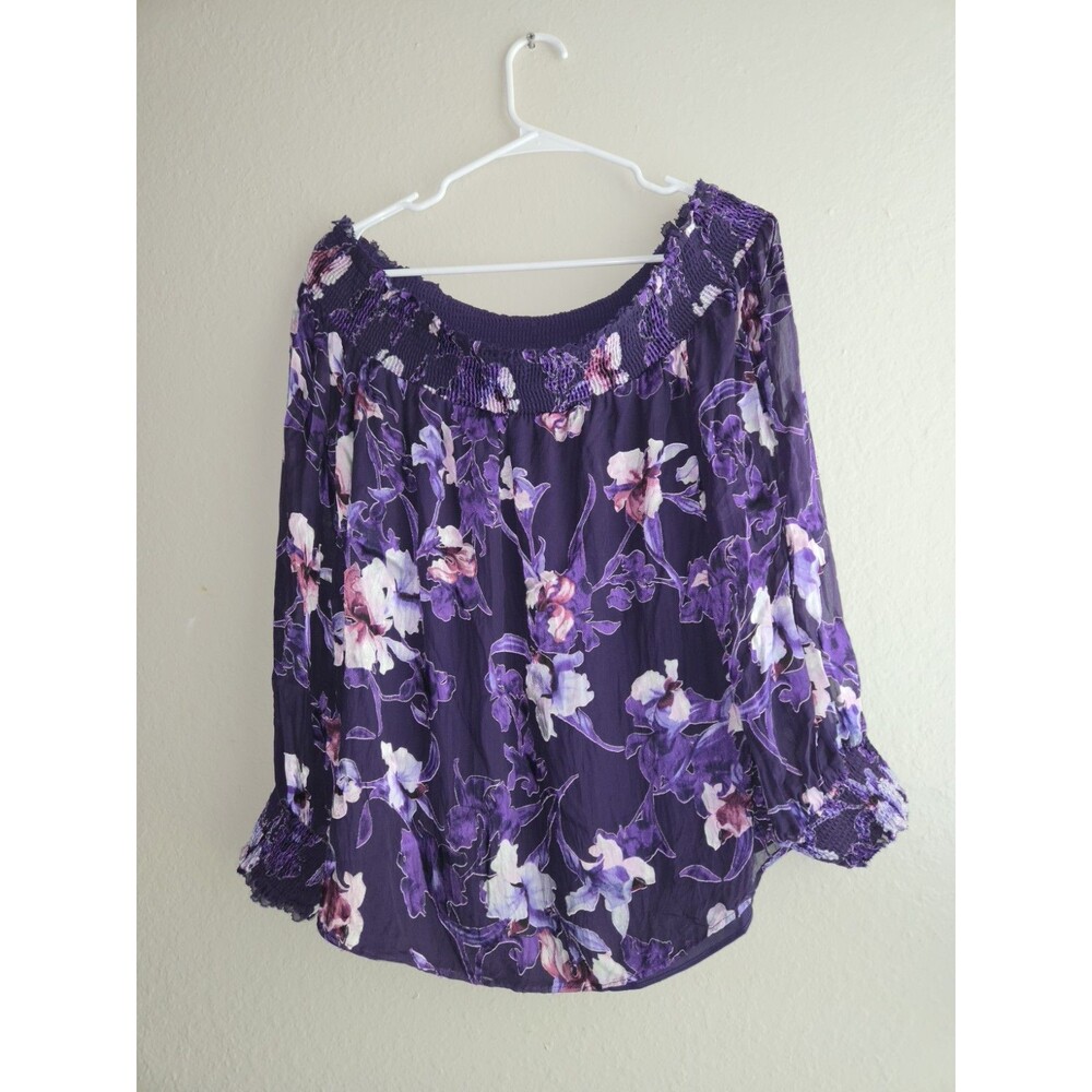 ​White House Black Market Silk Blend Floral Off The Shoulder Blouse Purple Sz L